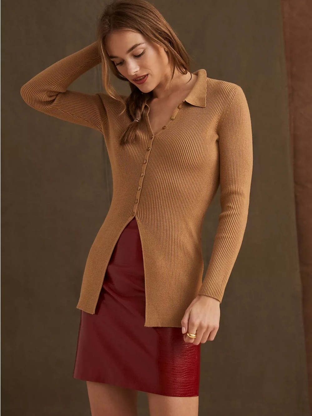 Anthropologie Long Sleeve Ribbed Slim Collared Cardigan by Maeve - Tan - L